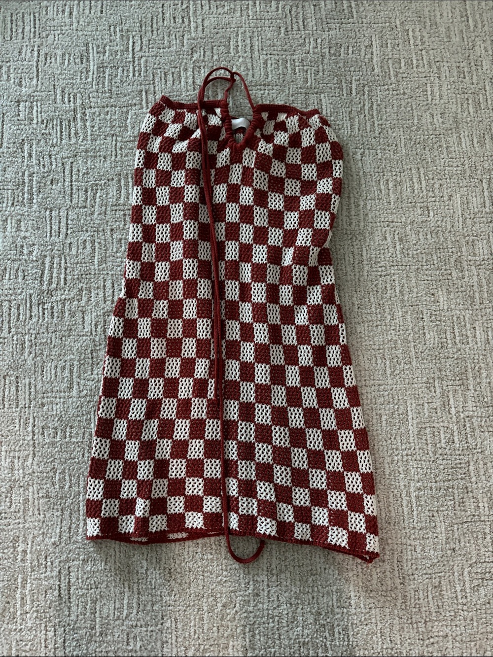 Isalis Checkerboard Crochet Halter Mini Dress in Burnt Red and White